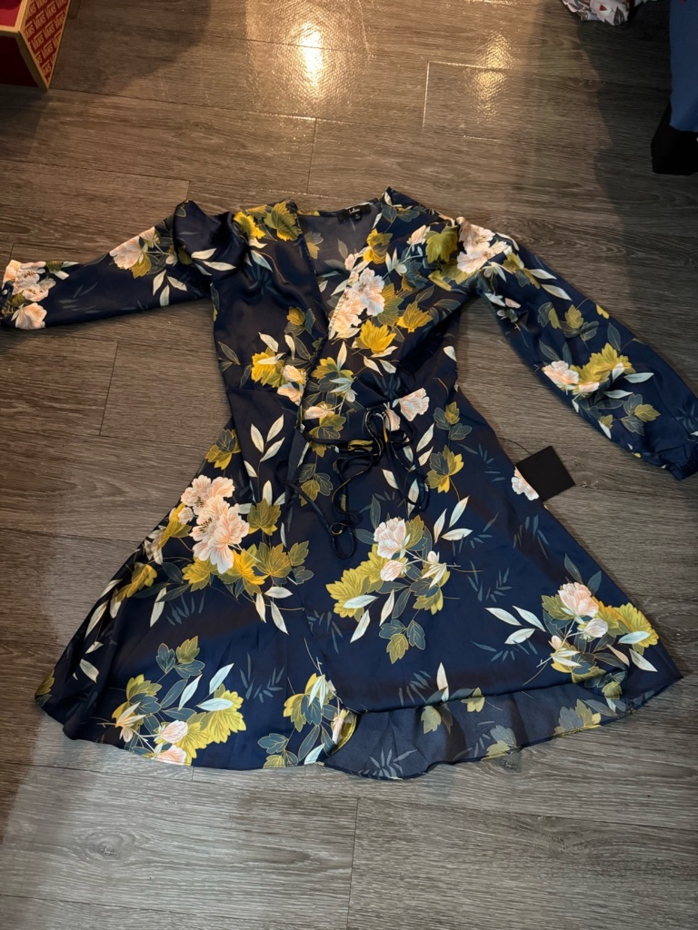 Lulu's Navy Floral Wrap Dress with Yellow & Cream Blooms